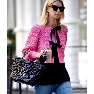 Alice + Olivia Kitty Puff Sleeve Bow Cardigan Sweater. New! Color pink